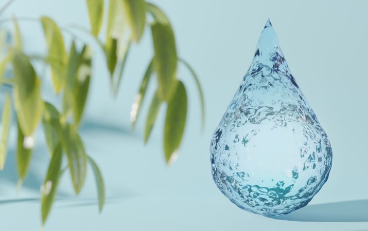 Nahaufnahme eines transparenten Wassertropfens mit strukturierter Oberfläche auf hellblauem Hintergrund, links im Bild unscharfe grüne Blätter.